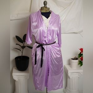 Lilac Satin Scalloped House Lingerie Robe- Midi Length Short Sleeve